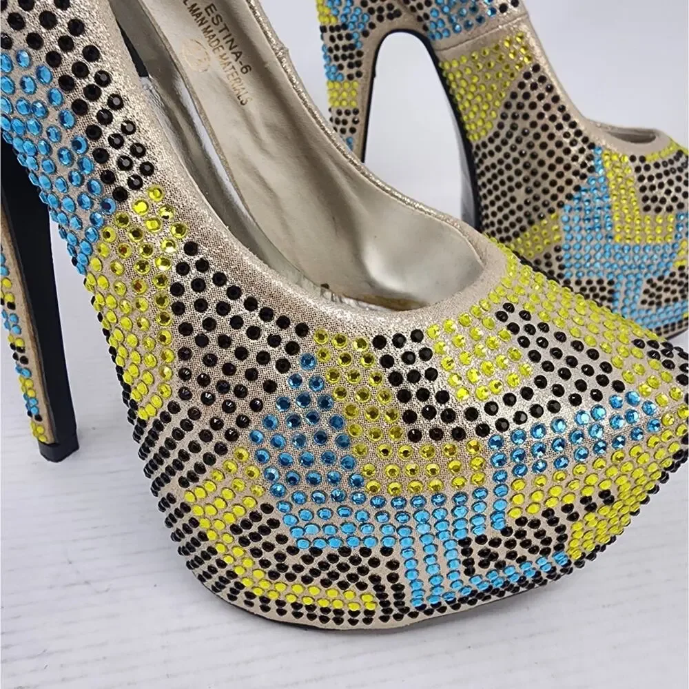 Machi Estina Rhinestine Stilettos Platform Heels Yellow‎ Black Blue Party Sz 5.5